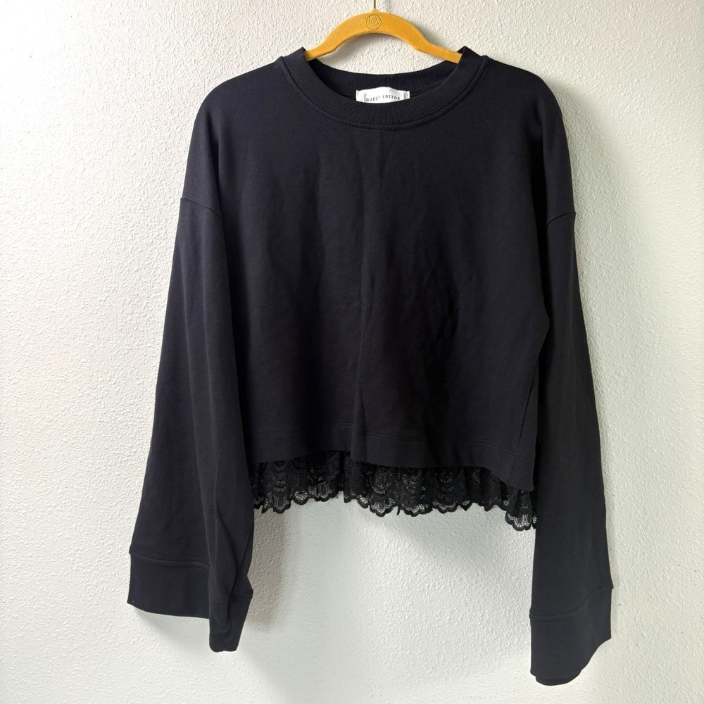 Guest Editor Pullover Sweatshirt Top Size‎ L Black Lace Hem Wide Sleeve Cuff